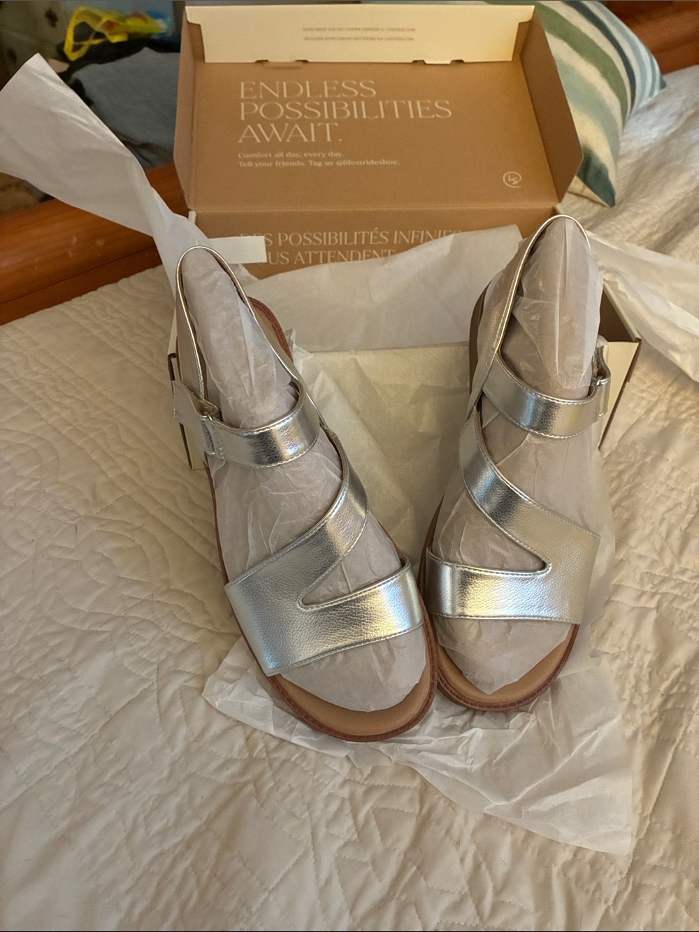 Life Stride Metallic Silver Adjustable Leather Sandals